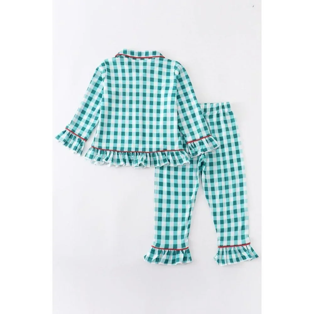 Green Plaid Santa Applique Ruffle Pajama Set Girls Sizes 3 4 6 Christmas PJs - Picture 3 of 6